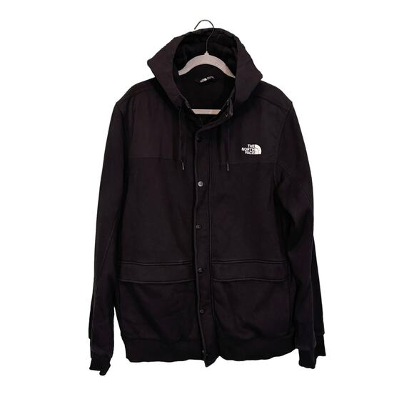 The North Face Jacket Mens XL Black Snap Zip Outdoor Hooded Logo Fleece Lined - Picture 1 of 11